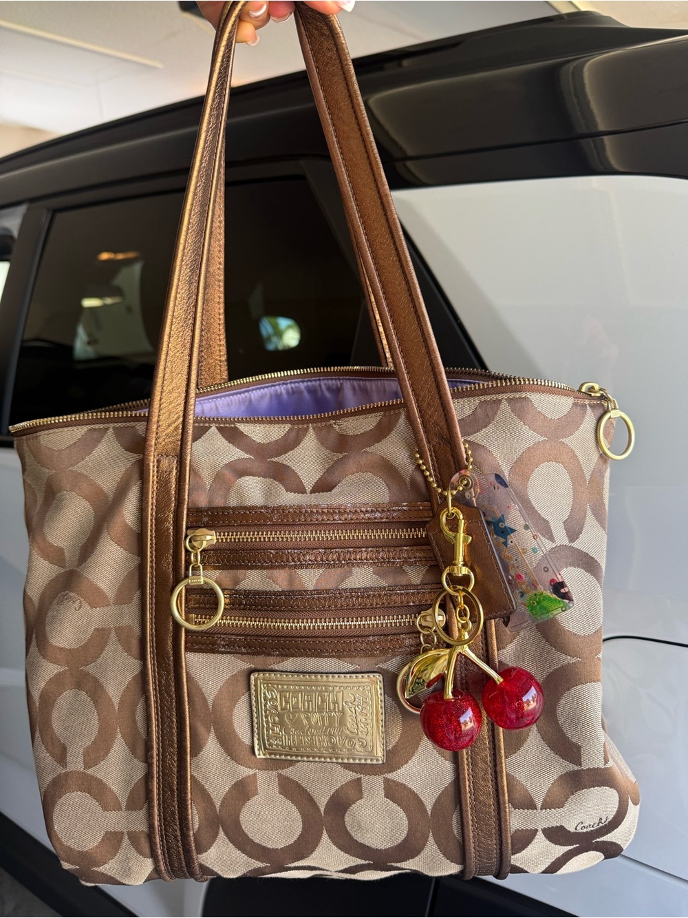Coach Brown Signature Canvas Tote with Metallic Trim
